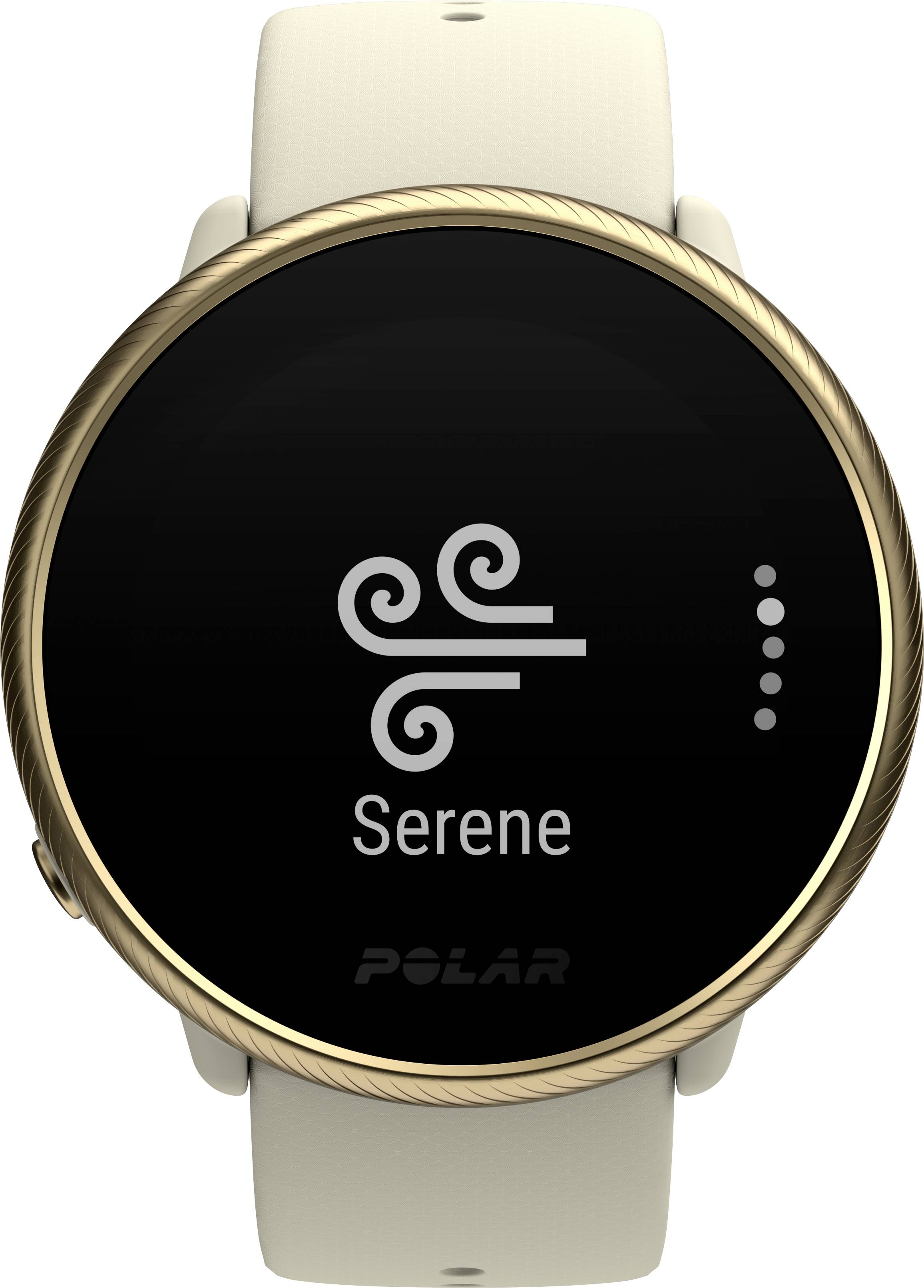Un smartwatch mostra il programma 'Serene', un allenatore per la respirazione per ridurre lo stress, su un display rotondo con cornice dorata.