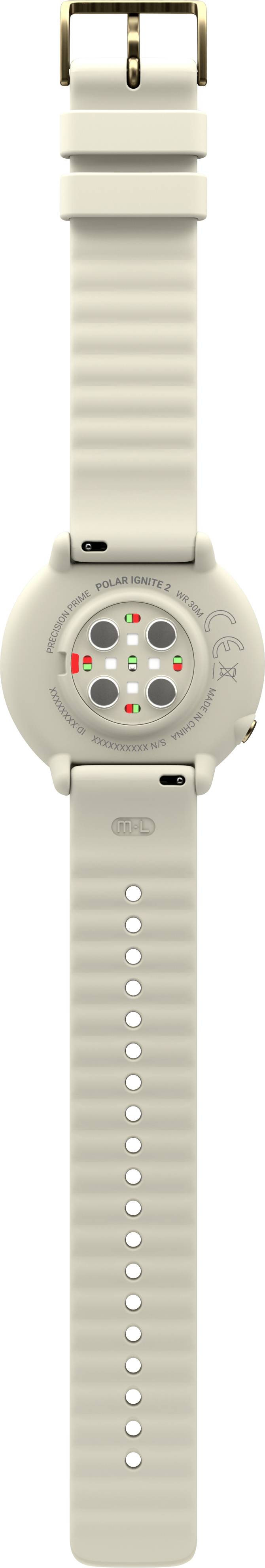 Orologio da polso chiaro con diversi sensori colorati sul retro, cinturino in silicone beige e fibbia in metallo, posizionato verticalmente.