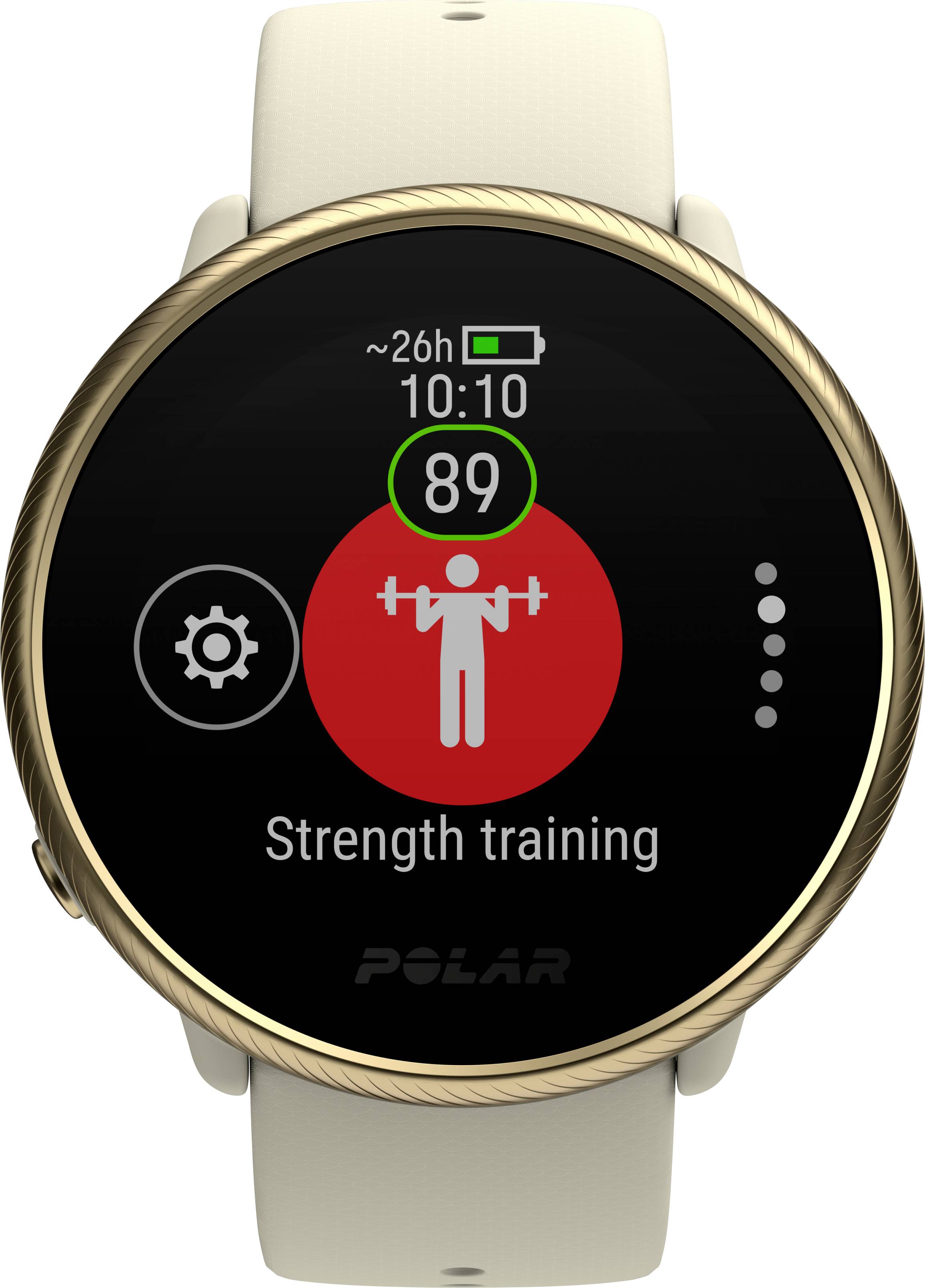 Un orologio intelligente mostra 'Strength training' con un'icona di sollevamento pesi e una frequenza cardiaca di 89 battiti al minuto.