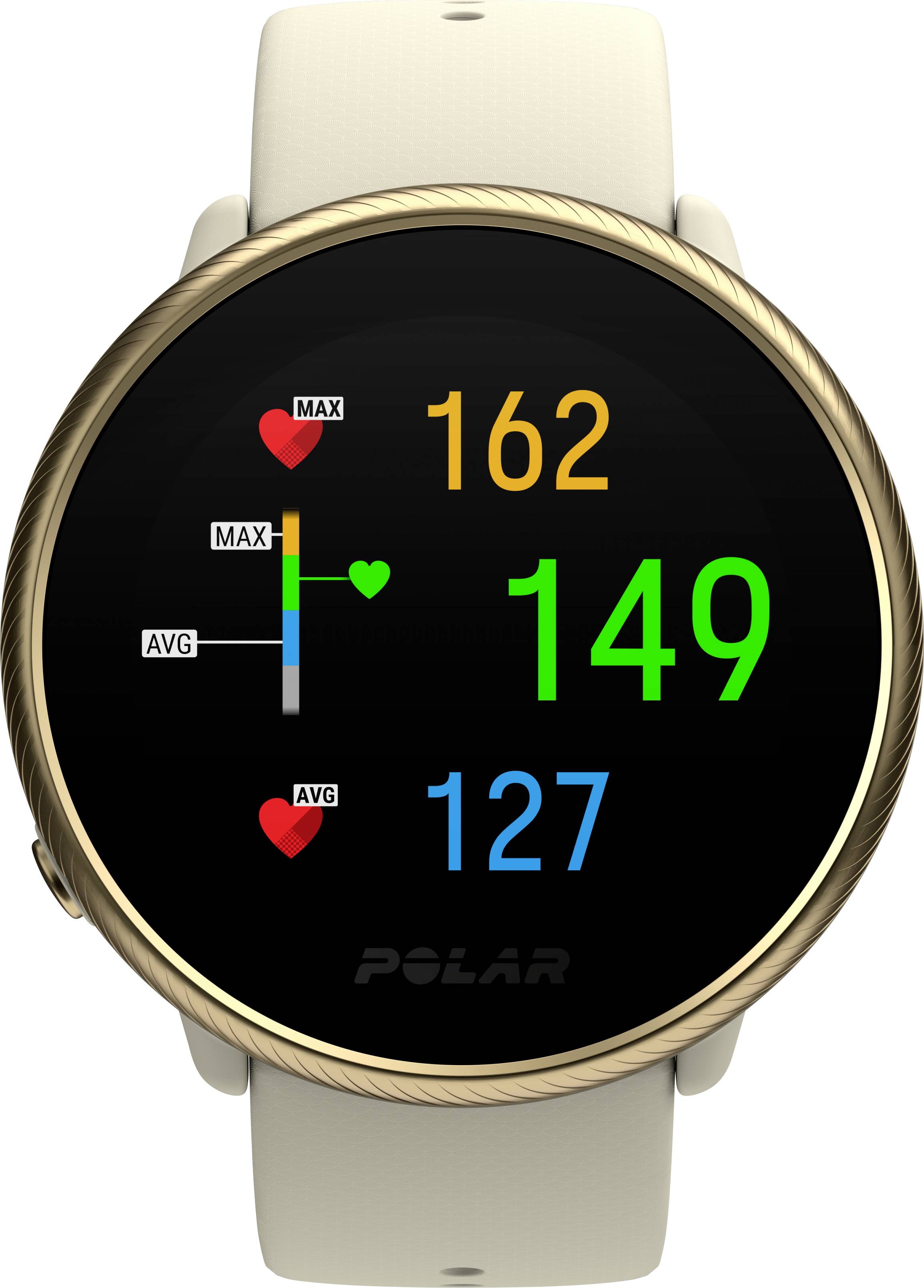 Orologio digitale su un cinturino bianco mostra la frequenza cardiaca: Massimo 162, Media 127, Frequenza attuale 149 in numeri colorati.