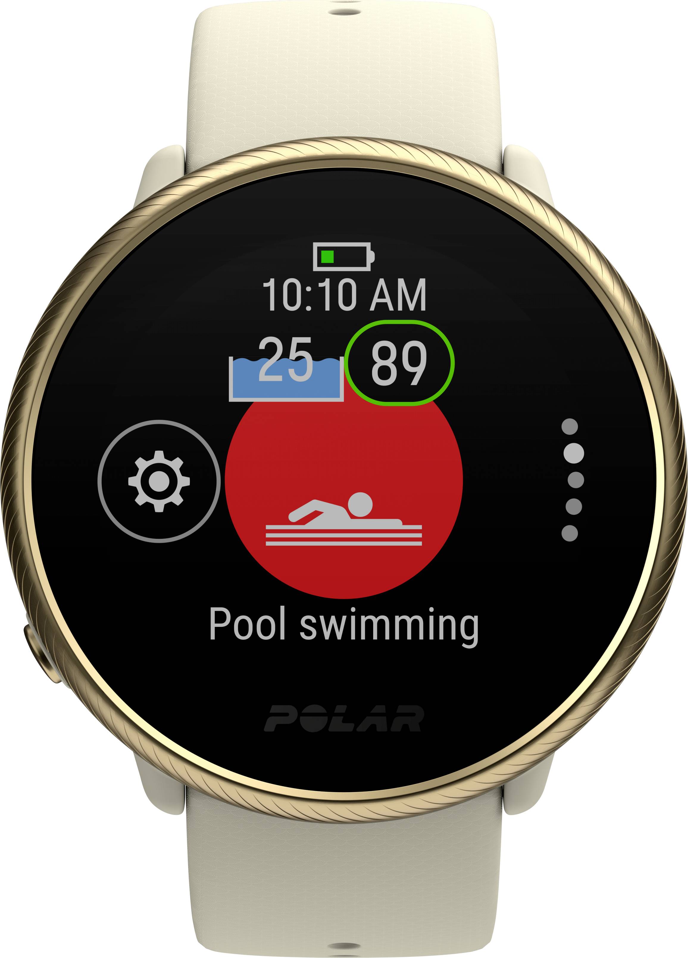 Un orologio intelligente mostra lo schermo per il 'Nuoto in piscina'. Lo schermo contiene simboli e un'indicazione oraria delle 10:10.