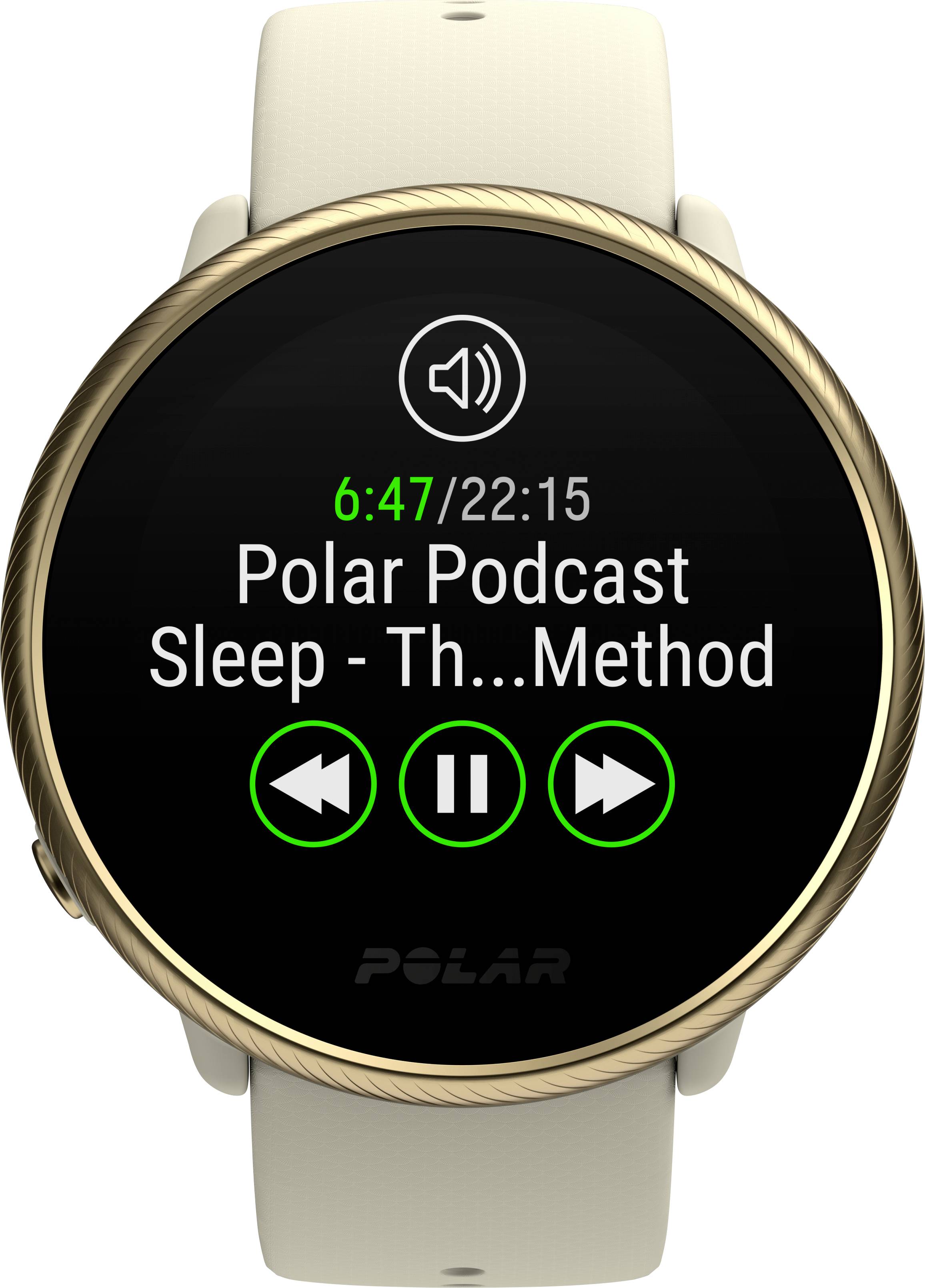 Un orologio intelligente mostra 'Polar Podcast Sleep - The Method' con simboli di riproduzione. Sul display è visualizzato il tempo 6:47/22:15.