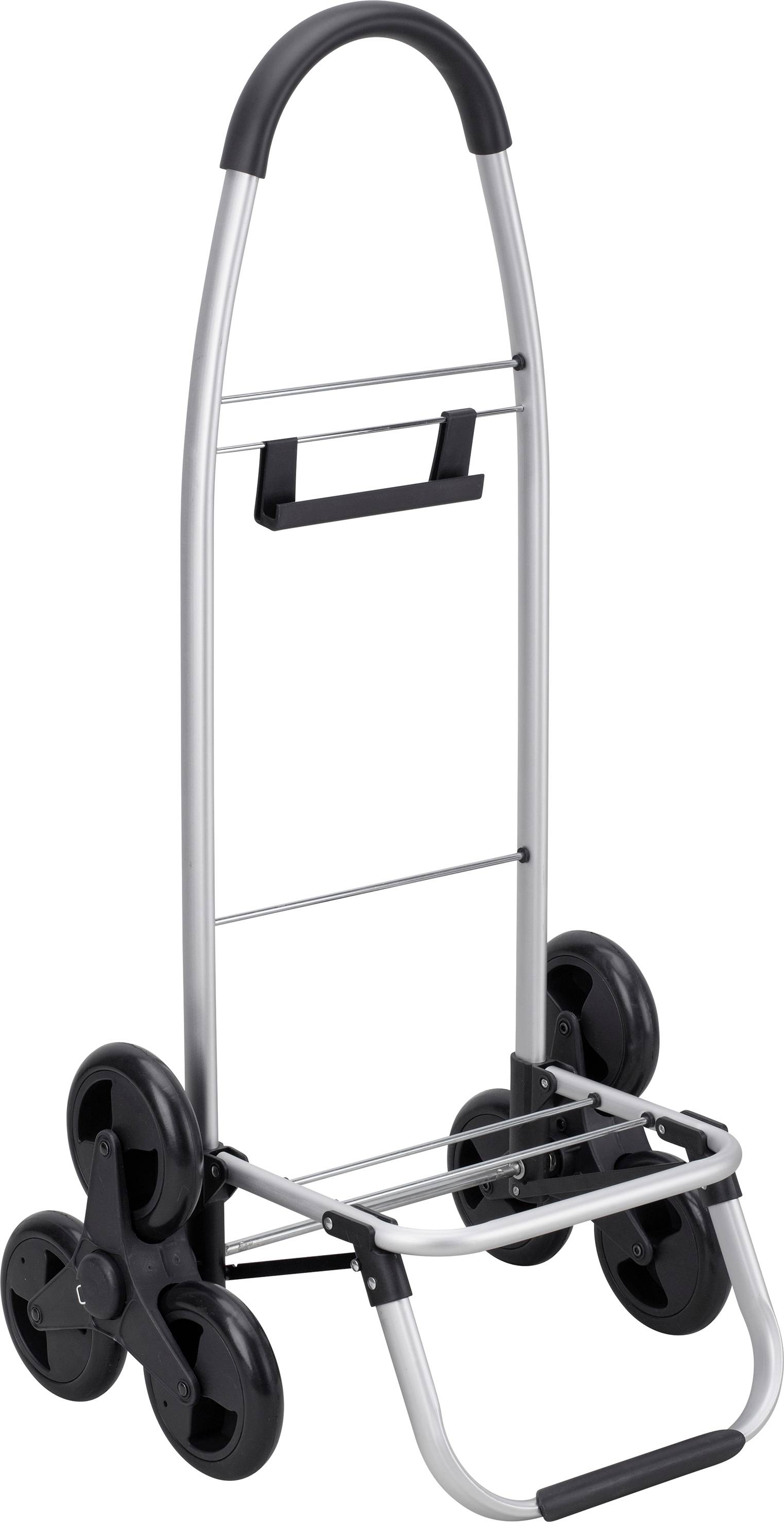Un carrello pieghevole a sei ruote per scale, con manico nero e telaio argentato, ideale per la spesa.