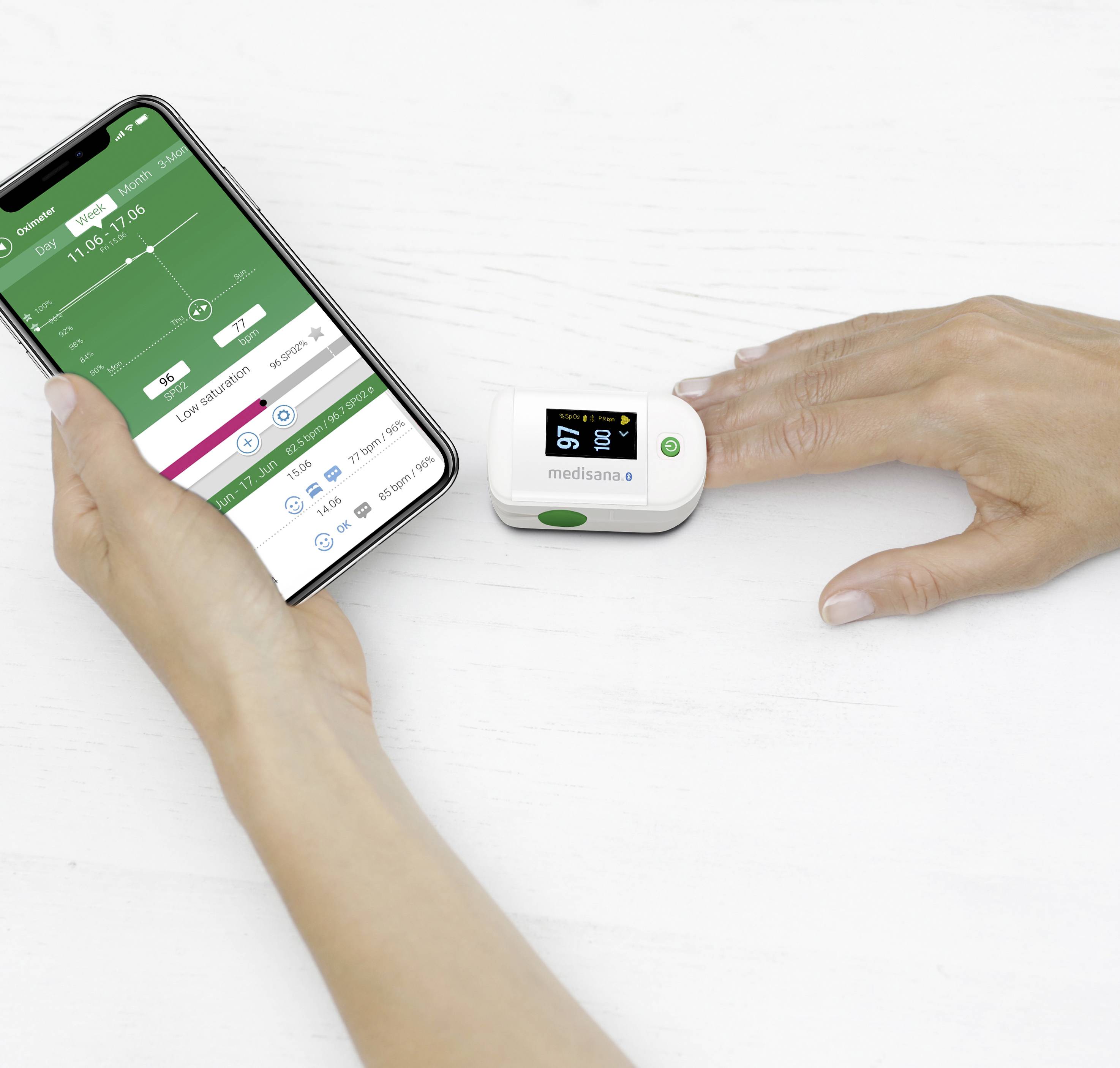 Una persona sta utilizzando un pulsossimetro e monitorando la saturazione di ossigeno tramite un'app per smartphone.