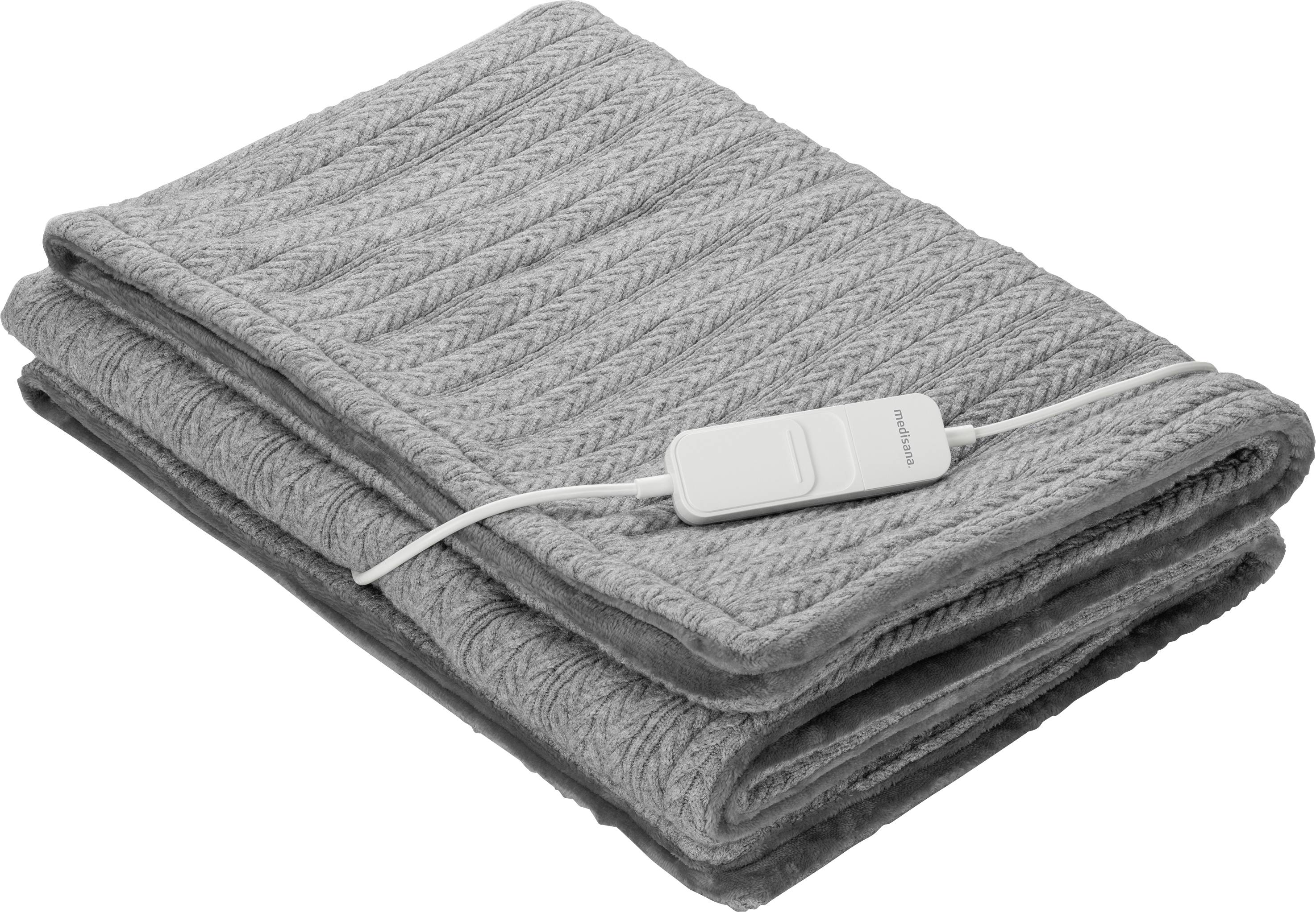 Coperta riscaldante grigia con cavo e interruttore, piegata. Ideale per notti calde o relax.