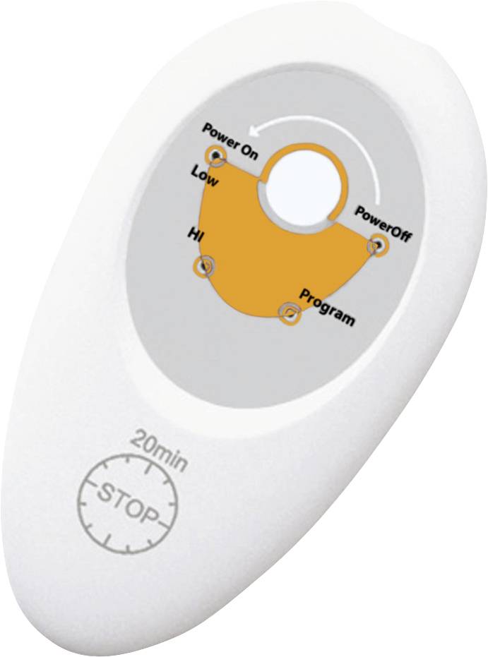 Telecomando con tasti: 'Power On', 'Power Off', 'Low', 'Hi', 'Program'. Timer in basso '20 min'. Custodia ovale bianca.