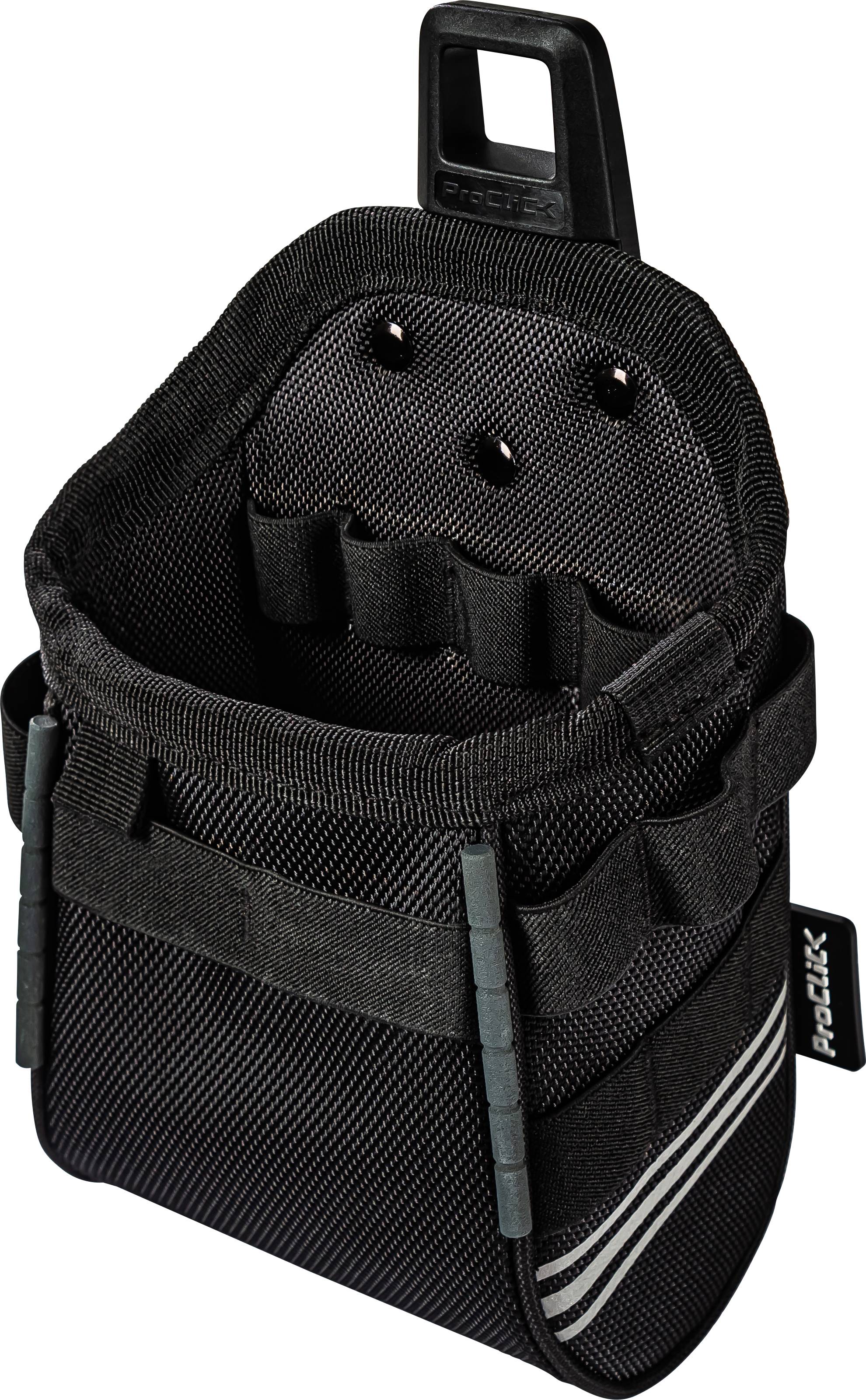Borsa porta attrezzi nera realizzata in materiale resistente, con diversi scomparti e passanti per essere fissata alla cintura.