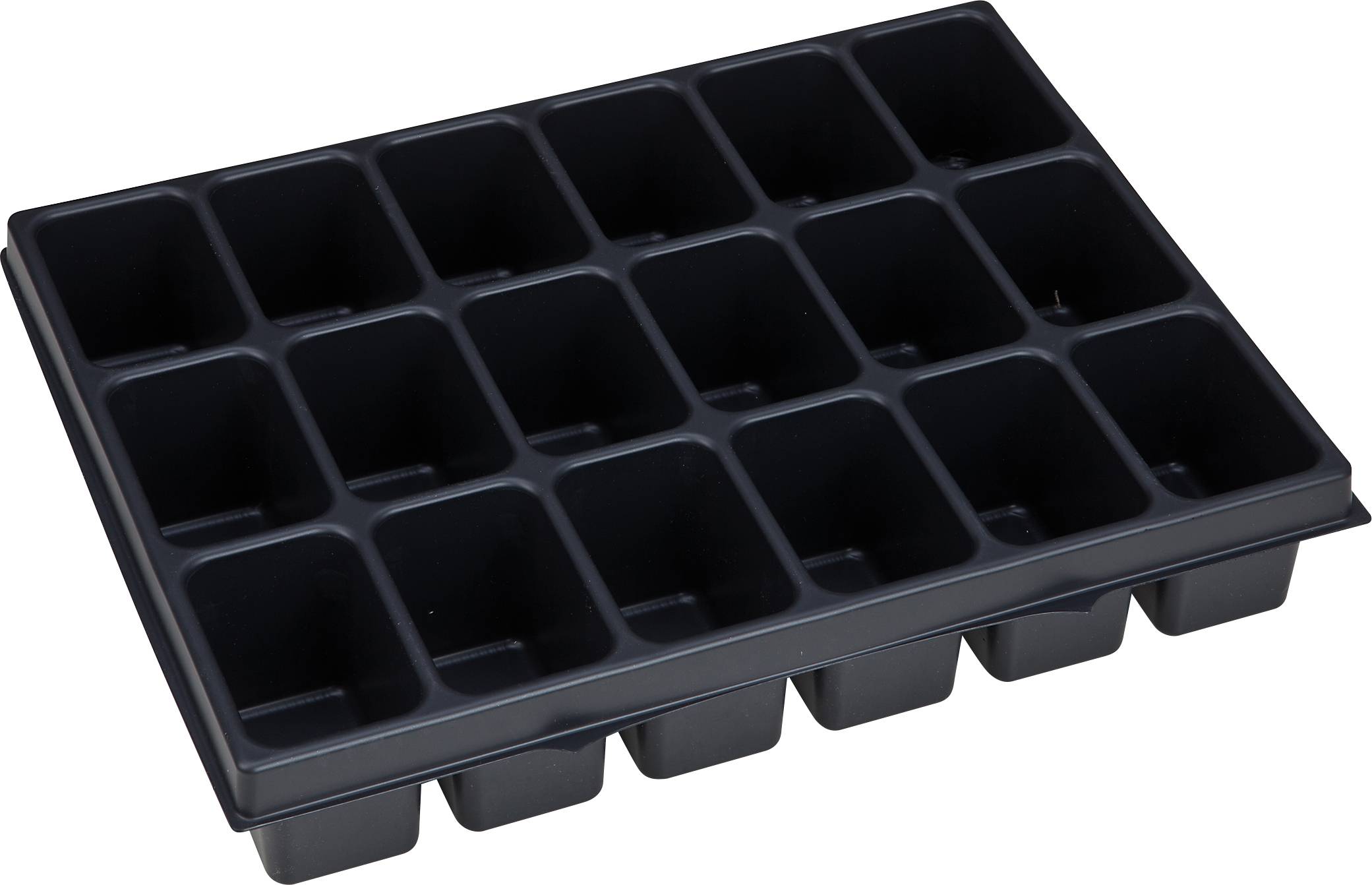 Un vassoio nero in plastica con 18 scomparti rettangolari per conservare o organizzare piccoli oggetti.