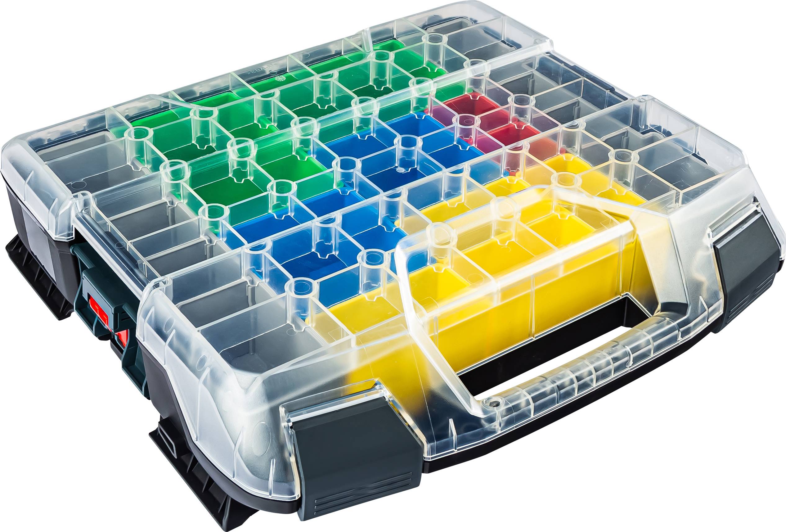 Organizer trasparente in plastica con diversi scomparti colorati per la conservazione di piccoli oggetti.