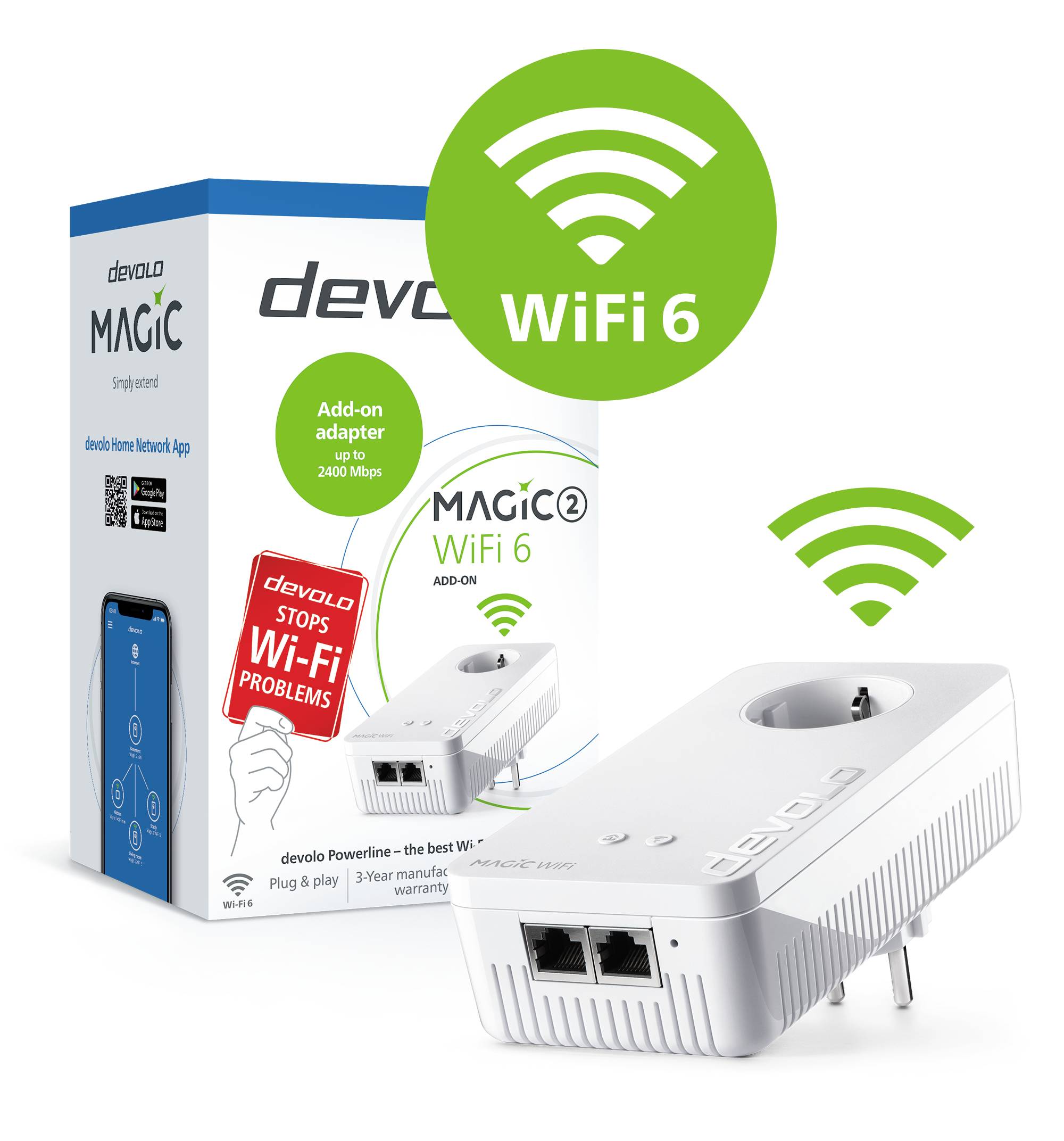 Ampliamento della rete devolo Magic: Rappresentazione di una casa con adattatori Wi-Fi collegabili con un semplice tocco di pulsante.