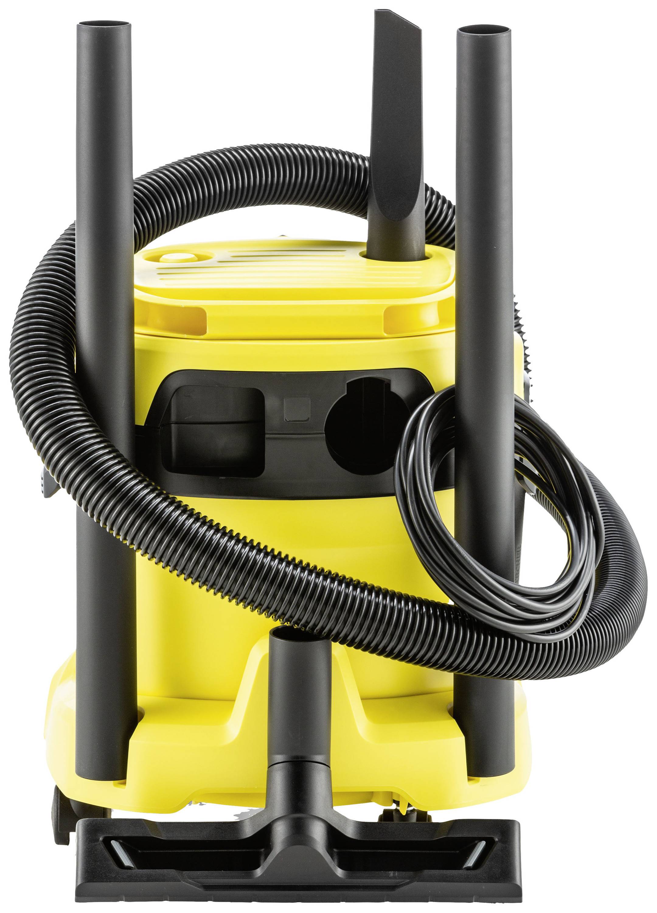 Aspirapolvere giallo con tubo nero e accessori, in posizione verticale.