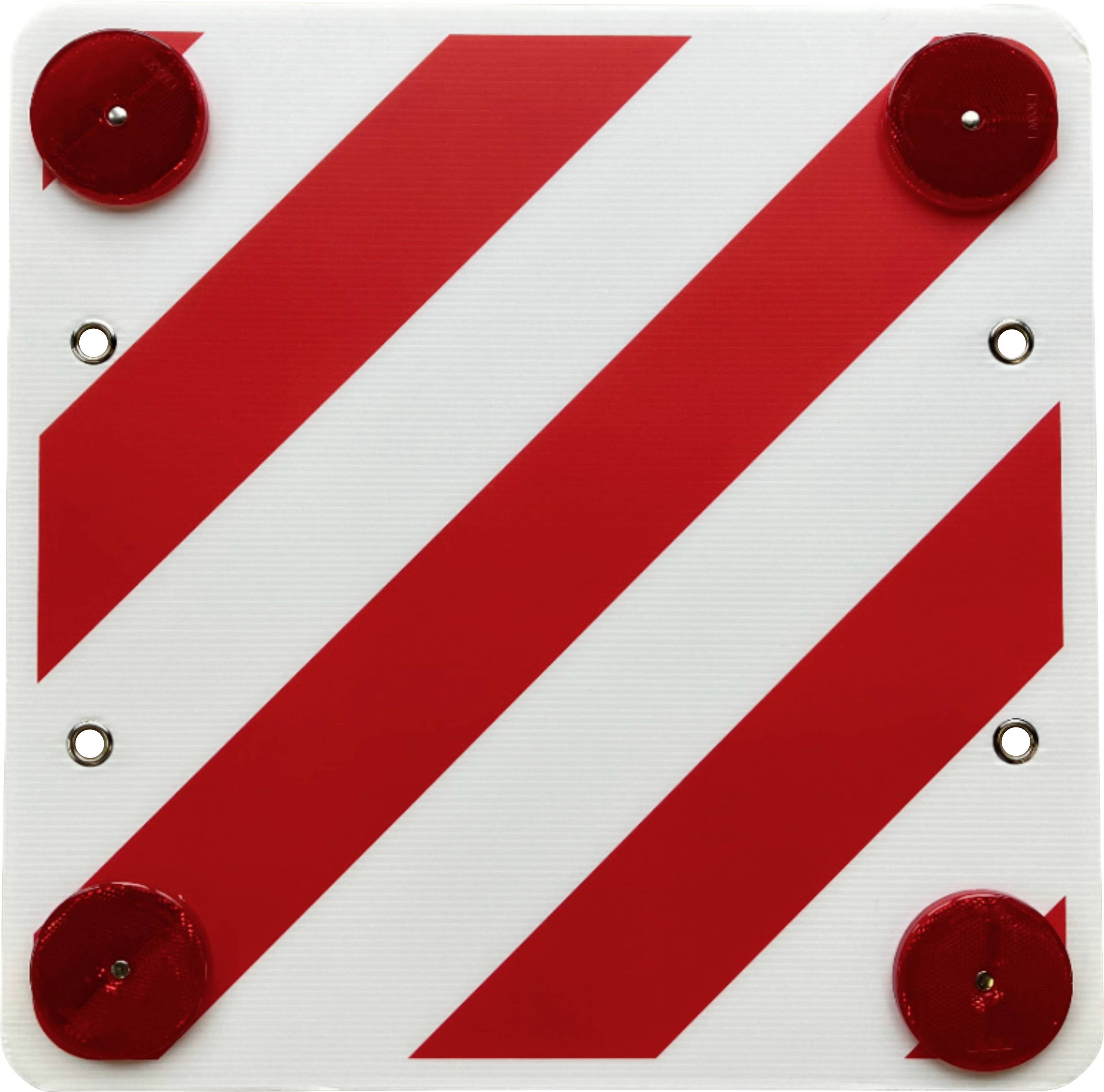 Un cartello quadrato con un motivo a strisce diagonali rosse e bianche. Viene utilizzato per segnalare carichi sporgenti sui veicoli.