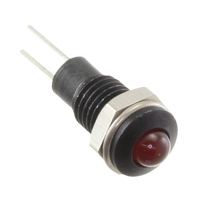 Un interruttore LED rosso con due connettori metallici. È incassato in un alloggiamento nero in plastica con un anello metallico intorno al pulsante.