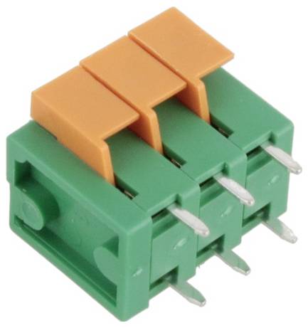 Un blocco terminale verde e arancione con tre connettori per il collegamento di circuiti elettronici.