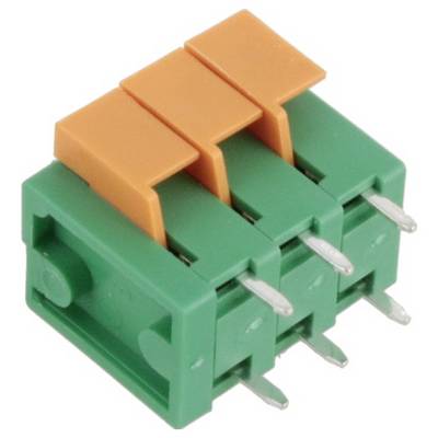 Un blocco terminale verde e arancione con tre connettori per il collegamento di circuiti elettronici.