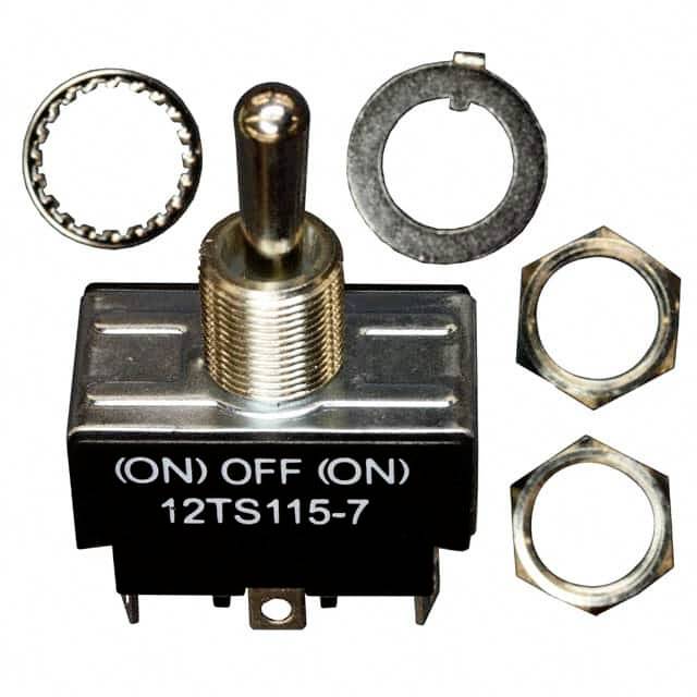 Interruttore metallico con marcatura '(ON) OFF (ON)' e denominazione '12TS115-7', circondato da componenti di fissaggio come dadi e rondelle.