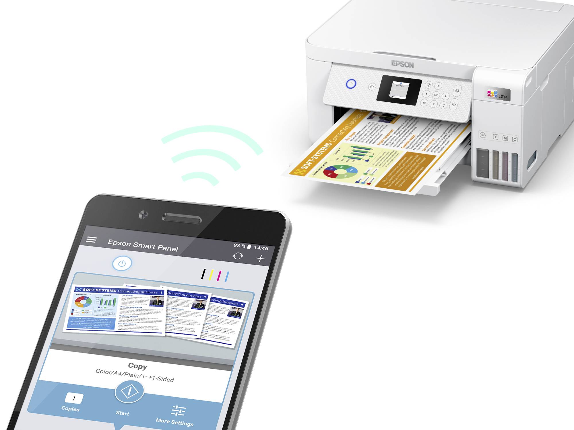Un smartphone utilizza l'app 'Epson Smart Panel' per inviare un documento a una stampante Epson in modalità wireless.