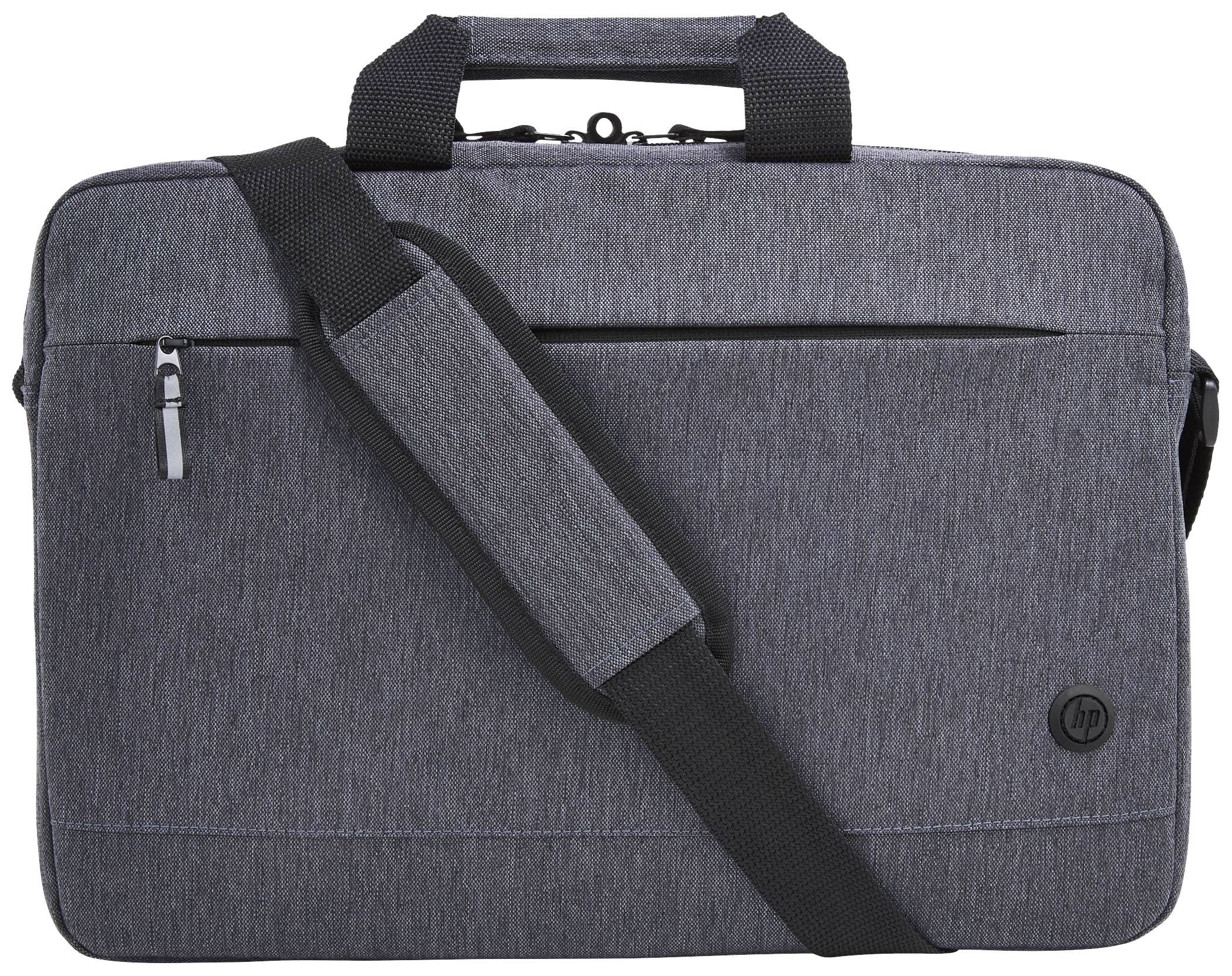 Borsa per laptop grigia con manico e tracolla, tasca con cerniera sul davanti.