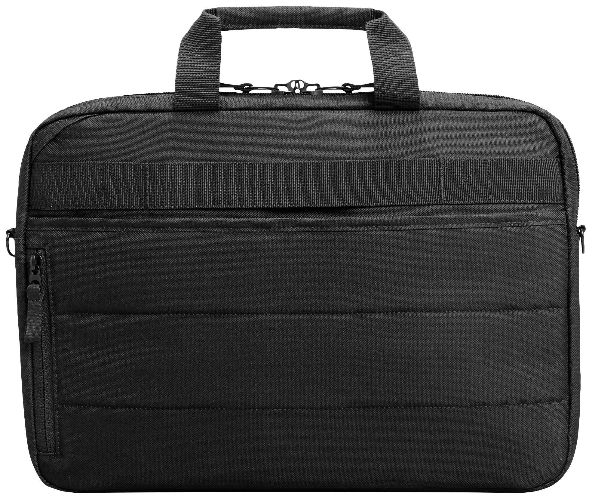 Una borsa nera per laptop con due manici corti e uno scomparto con cerniera sul davanti.