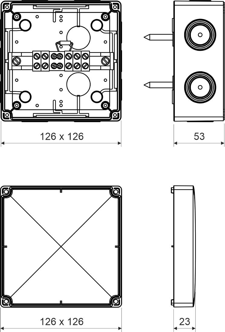 Disegno tecnico di un involucro elettrico con dimensioni: 126x126x53 mm. Viste frontale, laterale e posteriore.