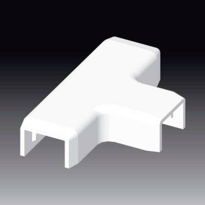 Un pezzo in plastica bianco a forma di T su uno sfondo grigio. Ha bordi arrotondati e sembra essere stato fabbricato industrialmente.