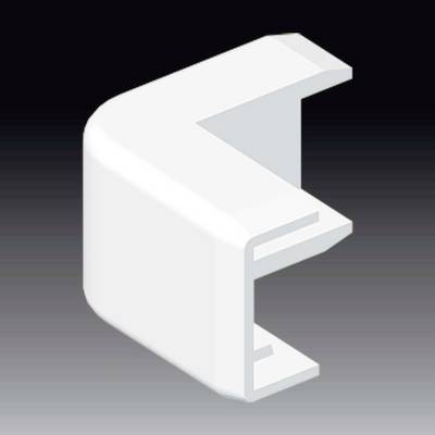 Rappresentazione 3D di un connettore angolare bianco a 90 gradi per canali portacavi su sfondo nero.