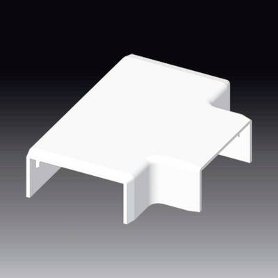 Un connettore rettangolare bianco in plastica per canali portacavi, raffigurato su uno sfondo scuro.