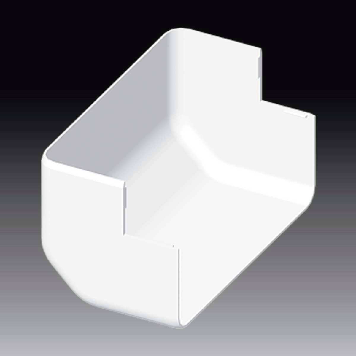 Raccordo angolare in plastica con sezione rettangolare, colore bianco, utilizzato per collegare condotti in un angolo di 90 gradi.