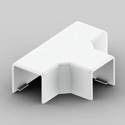 Un connettore di plastica bianco a forma di T, adatto per collegare canali di cavi o strutture simili in un sistema elettrico.