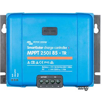 Regolatore di carica solare intelligente Blauer di Victron Energy, modello MPPT 250/85-TR, che mostra i connettori della batteria e le specifiche di corrente.