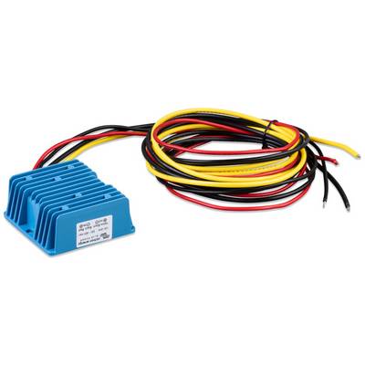 Trasformatore elettrico blu con diversi cavi colorati, adatto per progetti elettronici e conversione di energia.