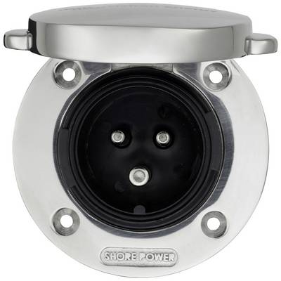 Una presa rotonda argentata per 'Shore Power' con tre contatti neri.