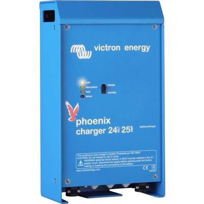 Caricabatterie blu di Victron Energy con indicatori LED per Bulk, Absorption, Float, Failure. Testo: 'phoenix charger 24V 25A'.