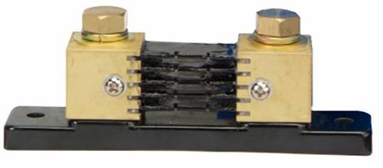 Resistenza elettrica di misurazione in forma rettangolare, montata su una base nera, con due viti dorate alle estremità.