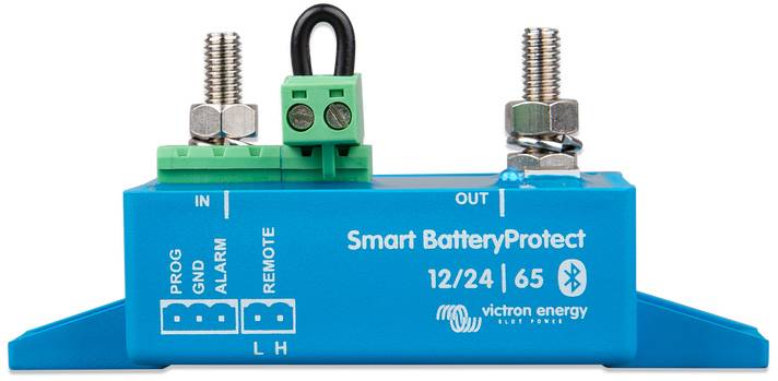 Dispositivo blu Victron Energy Smart BatteryProtect, modello 12/24V 65A, con morsetti di connessione e funzionalità Bluetooth.