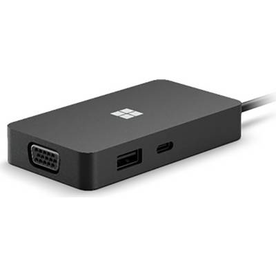 Un adattatore nero con porte VGA, USB-A e USB-C, con il logo Windows visibile in alto. Progettato per la connessione di dispositivi.