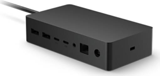 Stazione di aggancio nera con più porte, tra cui USB-A, USB-C, Ethernet e porte audio.
