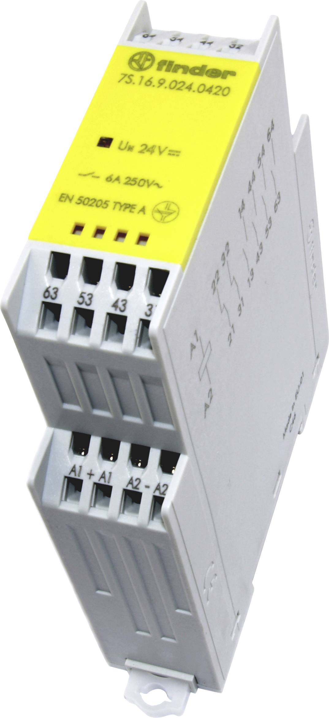 Un relè giallo con scritta 'finder 75.16.9.024.0420' per 24V DC, 4A 250V AC. Dispositivo con più connettori.