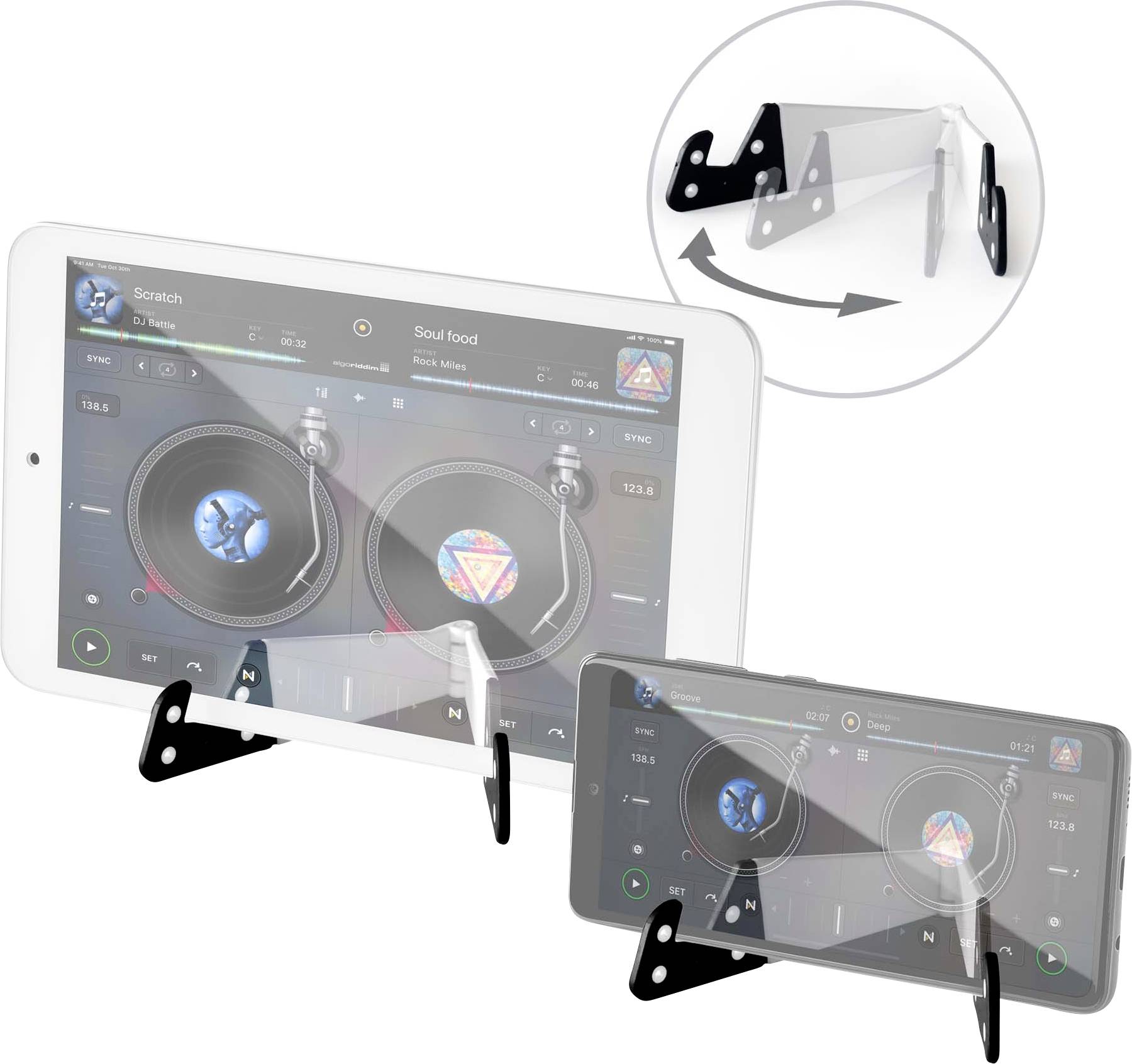 'Supporto per tablet e smartphone: Ideale per ascoltare e mixare musica. Supporto regolabile per dispositivi di diverse dimensioni.'