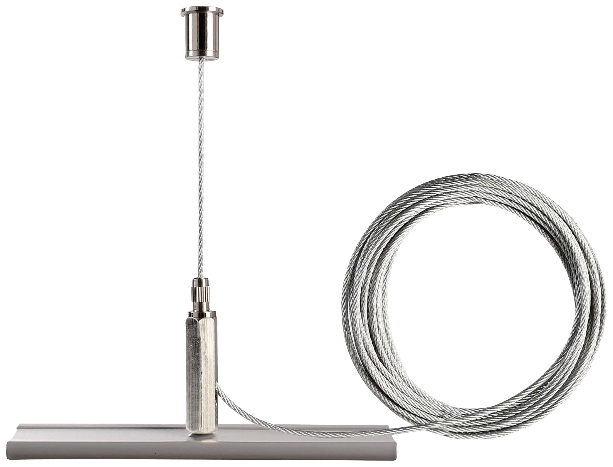 Un sistema di sospensione a fune con accessori metallici e un cavo metallico arrotolato. Adatto per il fissaggio stabile di oggetti.