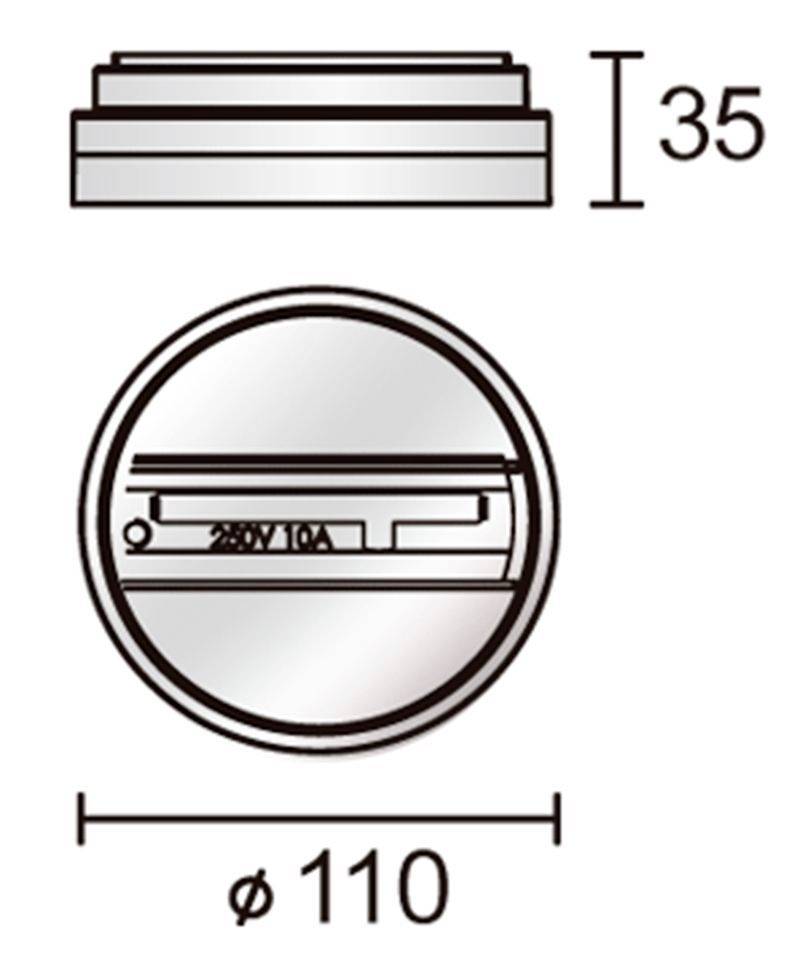 Disegno tecnico di un prodotto circolare con diametro di 110 mm e altezza di 35 mm, vista laterale e vista superiore.