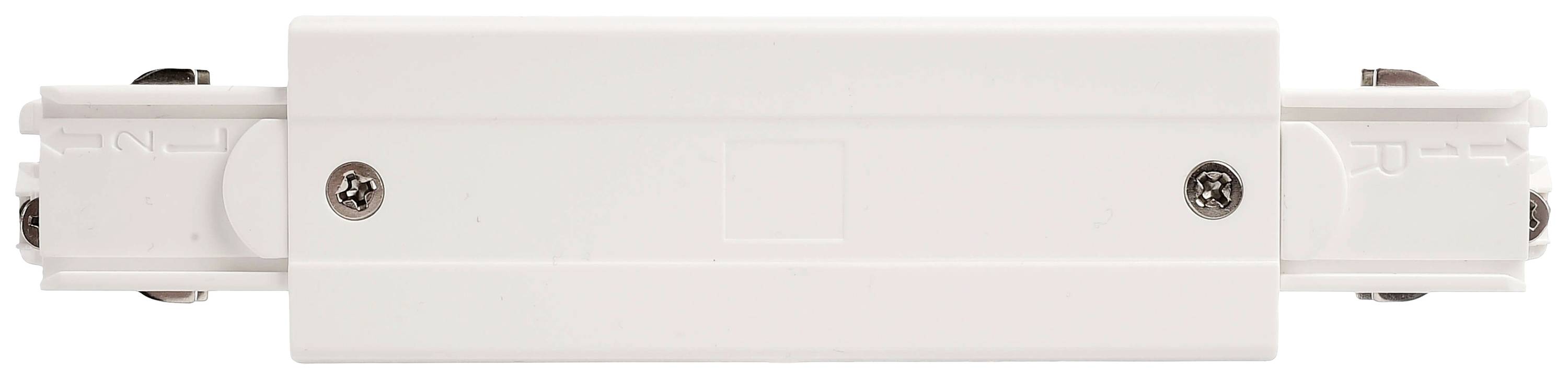 Un componente elettrico bianco con due viti visibili alle estremità. Serve per collegare le rotaie in un sistema di illuminazione.