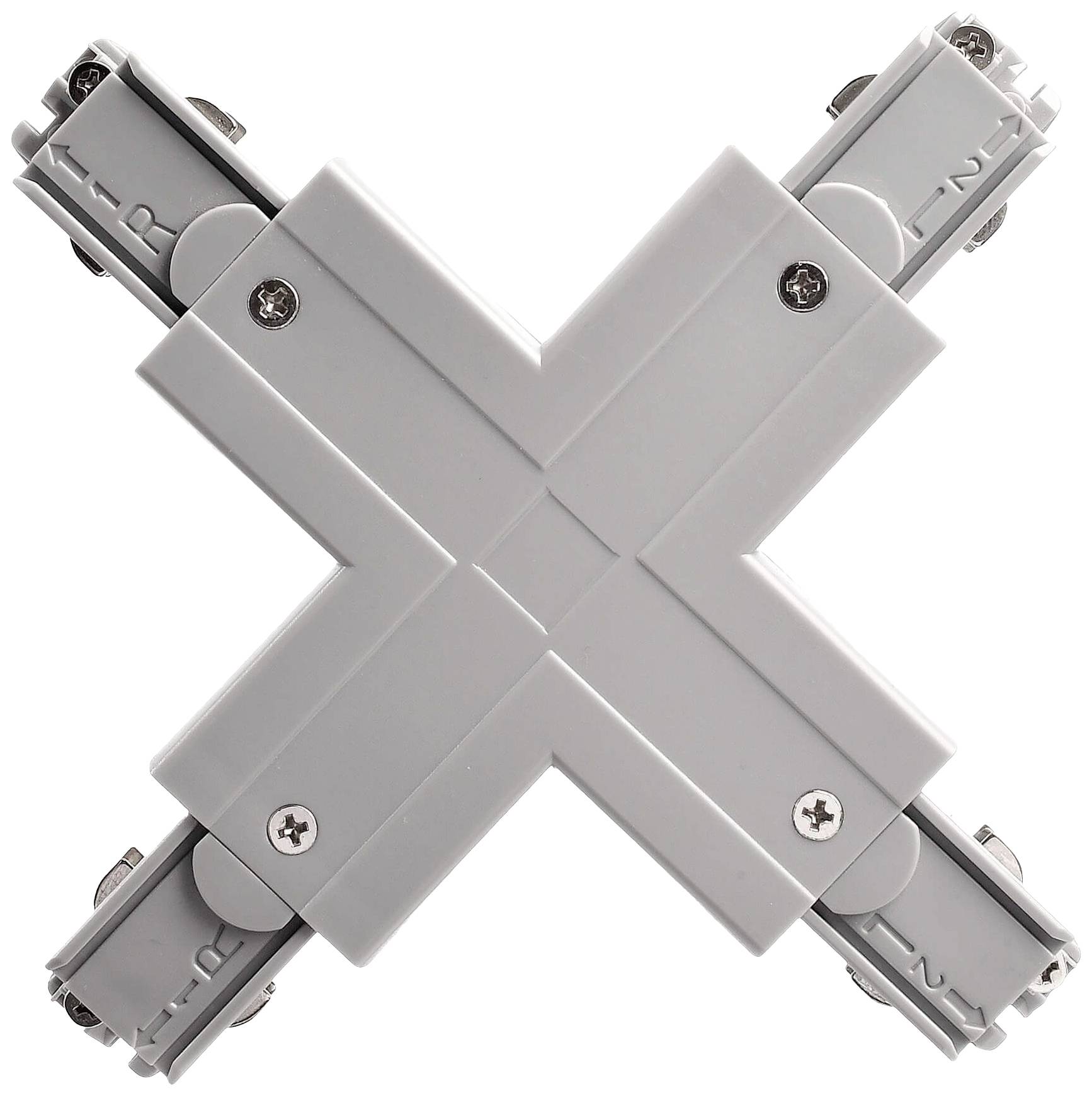 Un raccordo grigio a forma di croce per l'illuminazione ferroviaria, con quattro viti sulla parte superiore e connessioni alle estremità.