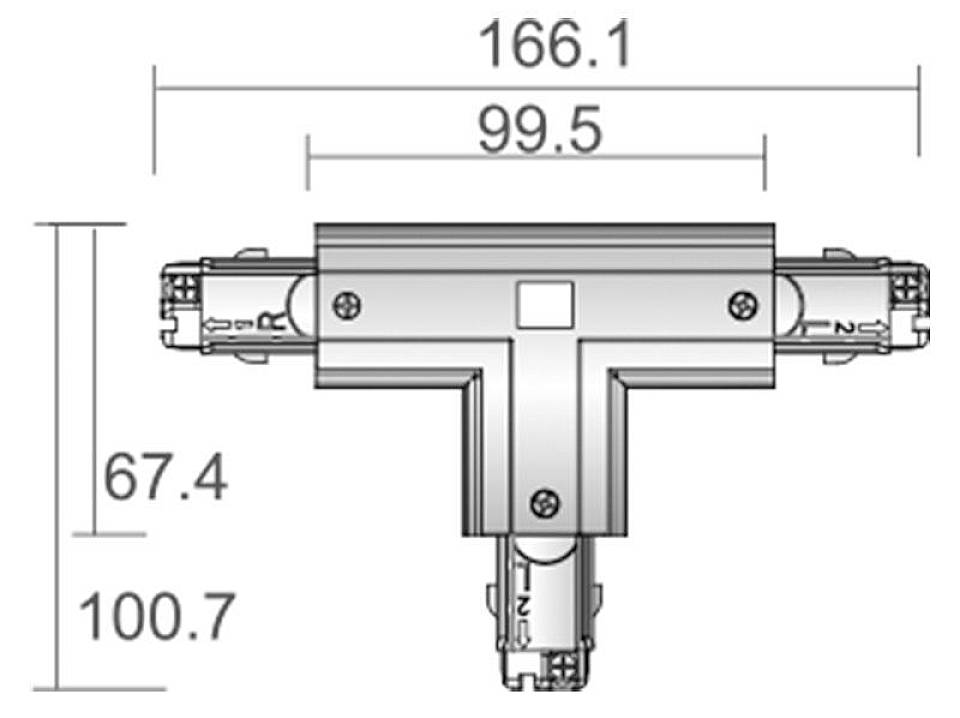 Disegno tecnico di un raccordo a T con le seguenti dimensioni: larghezza 166,1 mm, profondità 99,5 mm, larghezza totale 100,7 mm, altezza 67,4 mm.