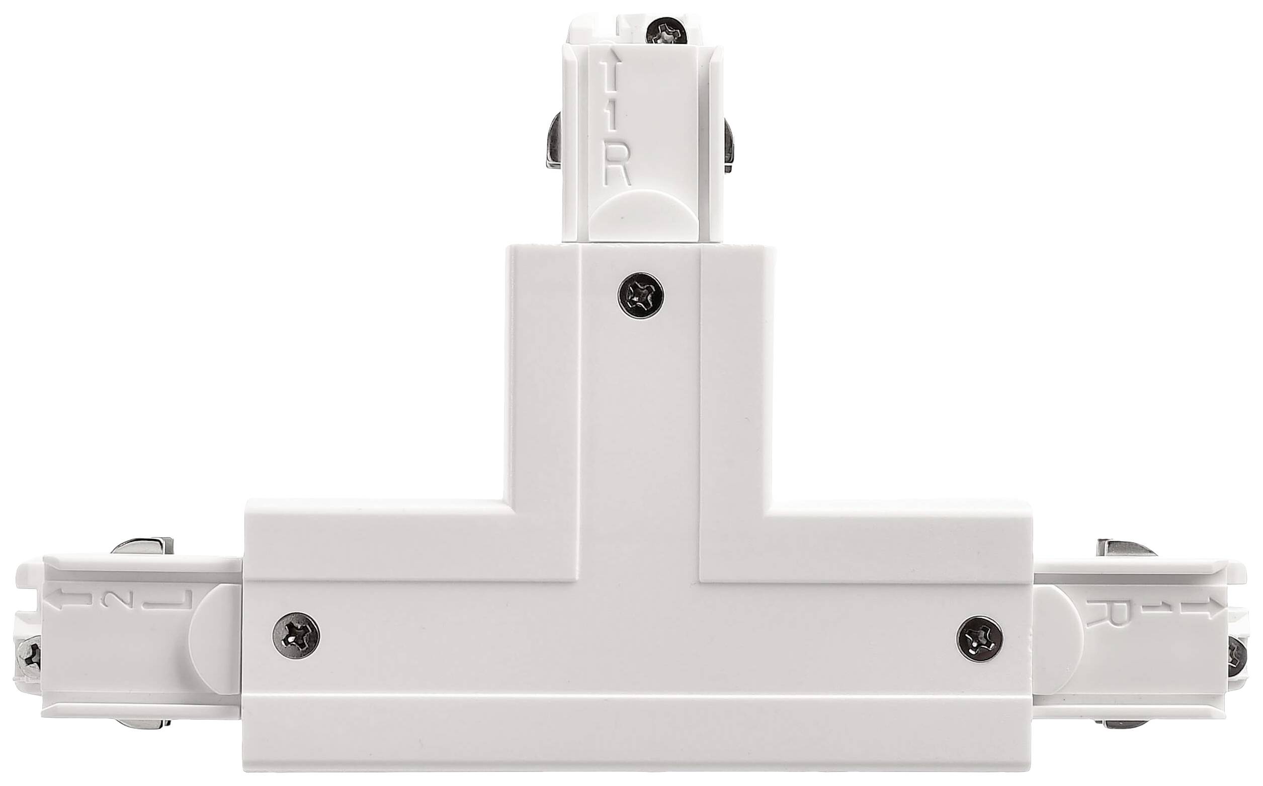 Pezzo di giunzione a T bianco per un sistema a binari, con connessioni laterali e superiori per la distribuzione di corrente.