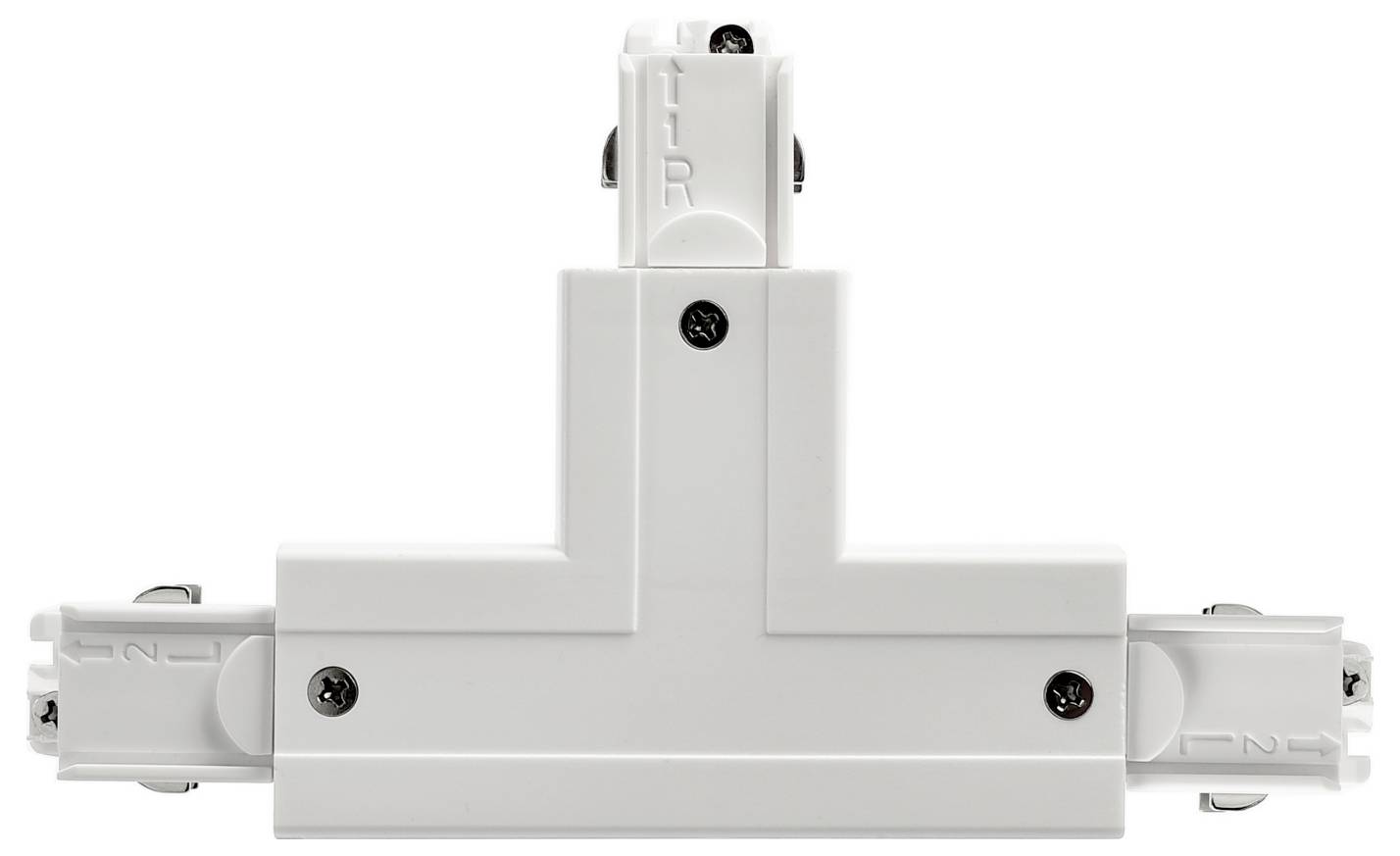 Connettore elettrico a T bianco per binari con tre punti di collegamento per unire le guide luminose.