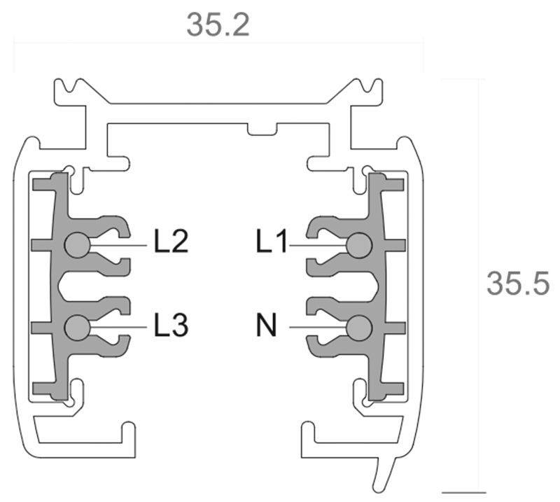 Sezione trasversale di un collegamento elettrico: etichette L1, L2, L3, N; dimensioni 35,2 x 35,5 mm.