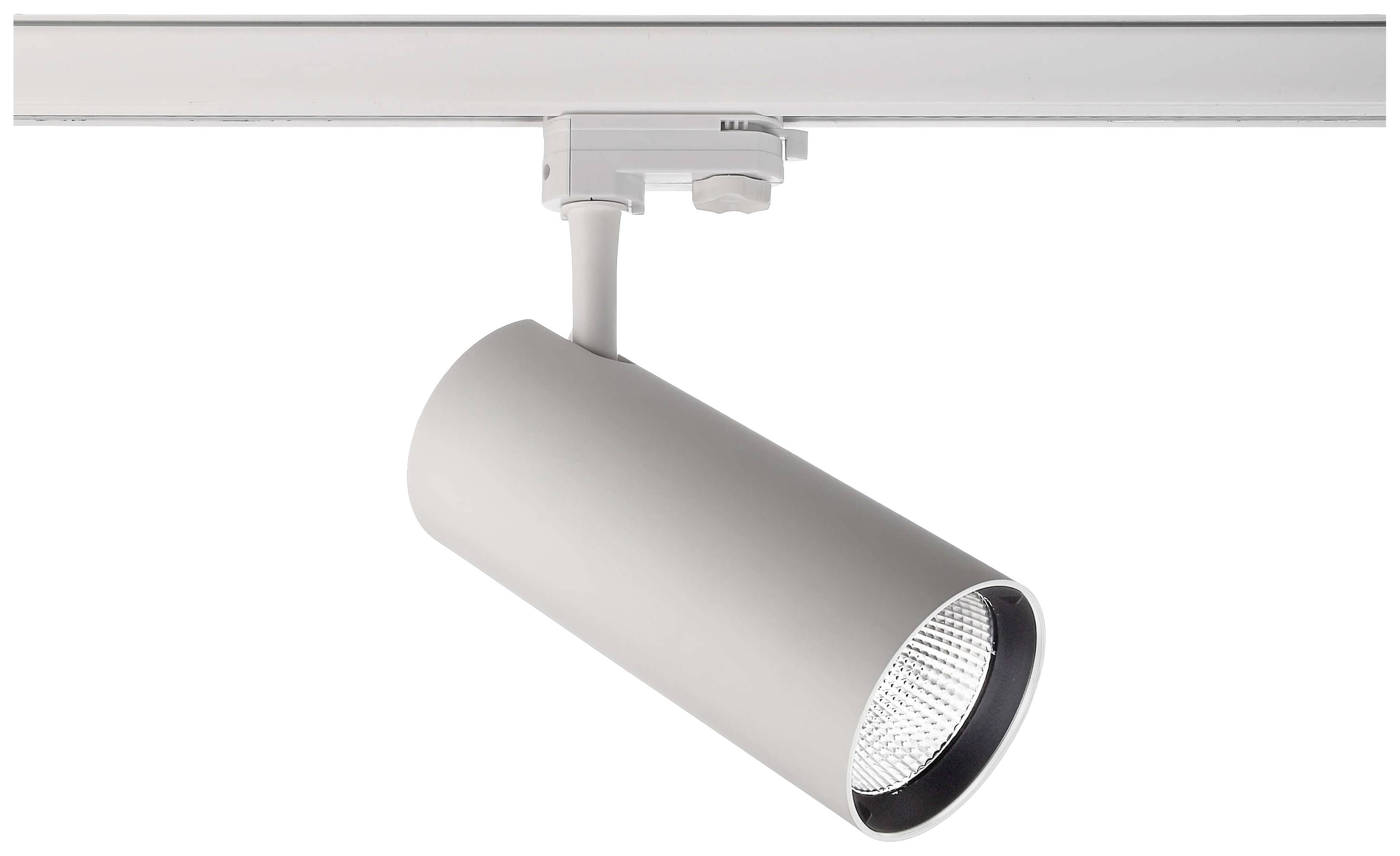 Un moderno faretto LED cilindrico in bianco, montato su una barra, ideale per un'illuminazione mirata in ambienti interni.