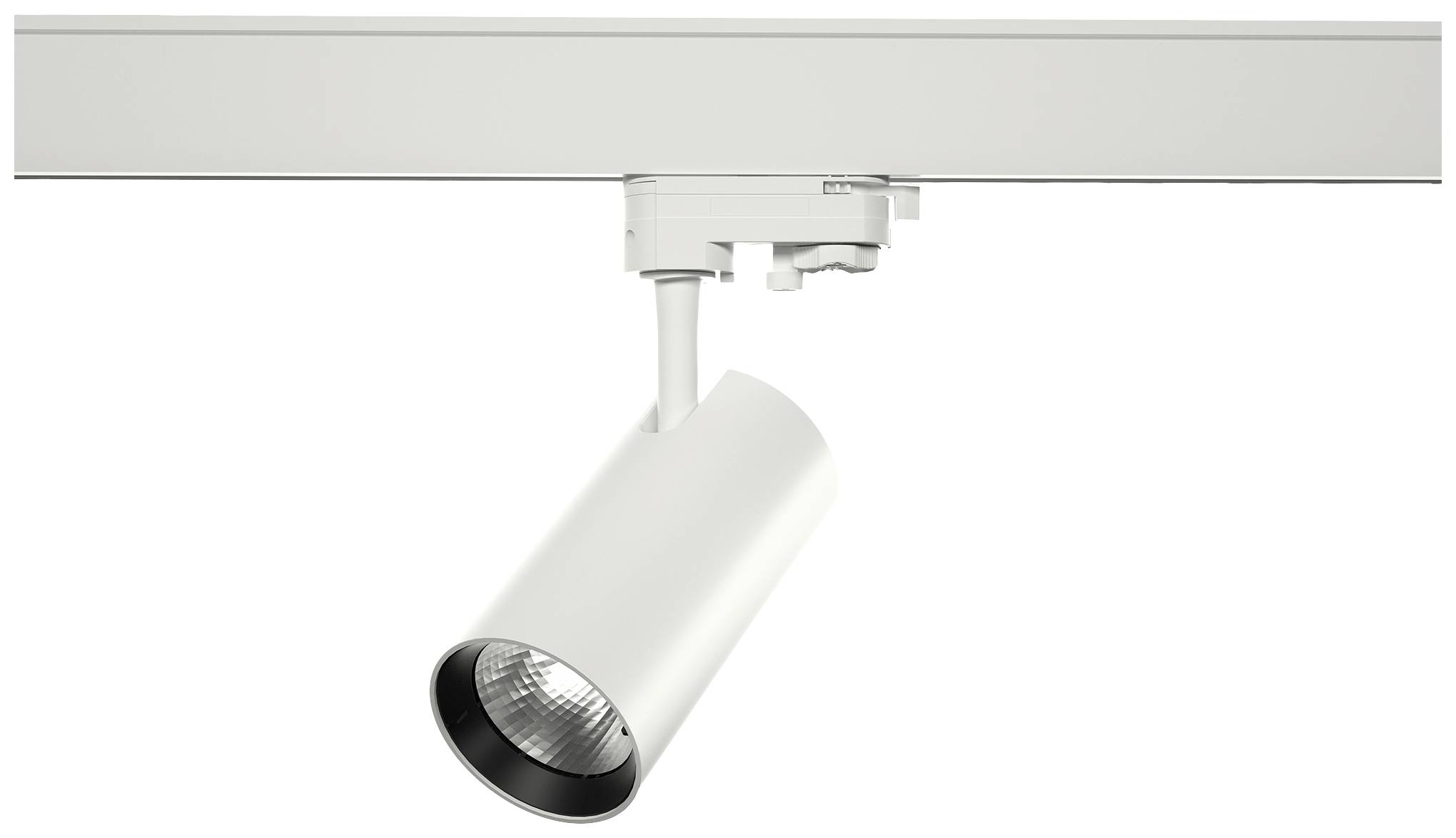 Faretto da soffitto bianco montato su binario, design cilindrico, adatto per illuminazione direzionale.