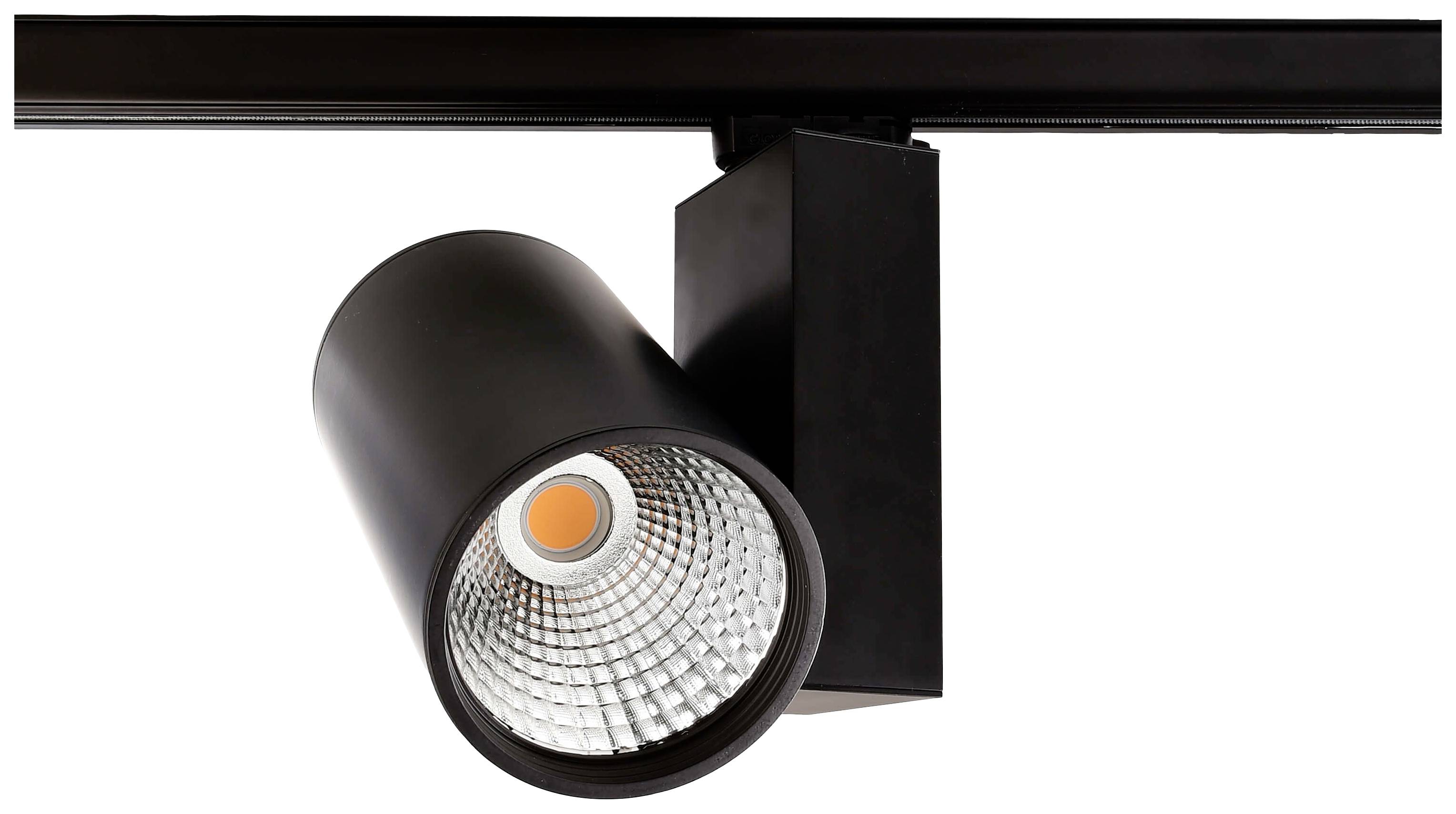 Un faretto nero da soffitto con design moderno è montato su una guida. La lampada LED è alloggiata in un involucro cilindrico.
